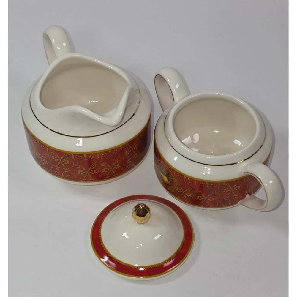 gund john grossman christmas creamer and sugar bowl‎ set ceramic 2008 red gold